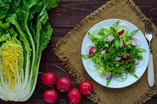 Diet ringan Salad musim semi kubis Cina dan lobak. Hidangan vegan — Stok Foto