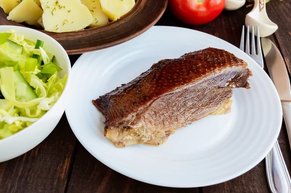 Jugoso trozo de ganso asado en un plato blanco — Foto de Stock