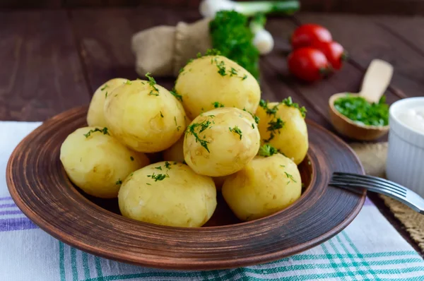 Patatas jóvenes hervidas con mantequilla y eneldo en un tazón de barro —  Fotos de Stock