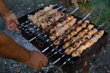 Ateşte - ızgara et, Barbekü. Açık havada yemek.