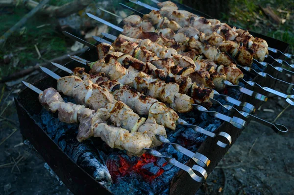 Maso, grilovaná na ohni - grilování. Vaření potravin venku. — Stock fotografie