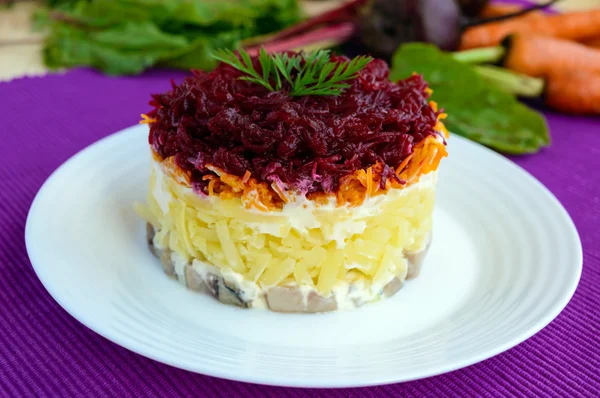 Sallad med lager av kokta grönsaker och fisk saltad ("sill i päls"). — Stockfoto