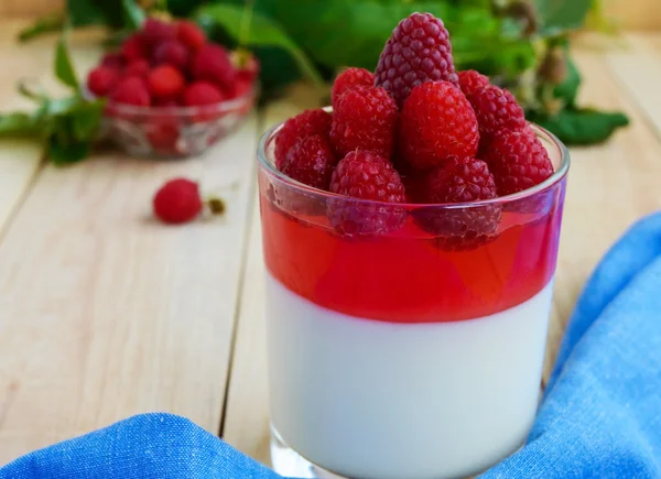 Sobremesa de verão com creme e geléia de framboesa, decorar com bagas frescas em um copo transparente — Fotografia de Stock