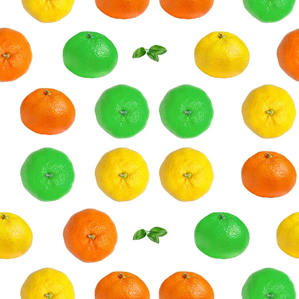 Barevný Bezešvný Vzor Svěží Zelené Žluté Oranžové Mandarinky Zelenými Listy — Stock fotografie