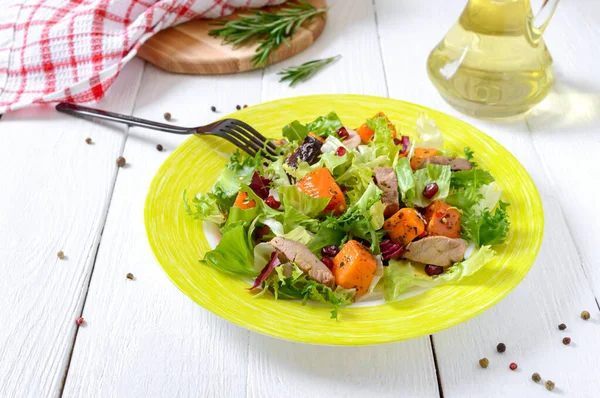 Dietary Salad Roast Turkey Pumpkin Green Lettuce White Wooden Background — Stock Photo, Image