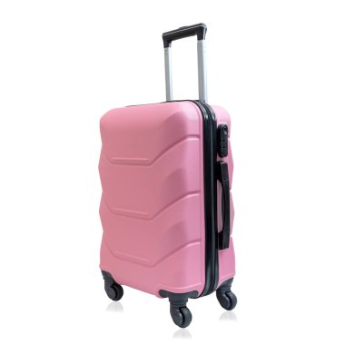Pembe tekerlekli bavul, beyaz arka planda izole edilmiş. Moda çocuk valizi.