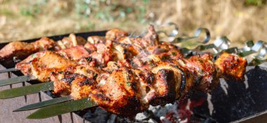 Izgarada metal şiş üzerinde soğanlı sulu et. Güneşli bir günde dışarıda şiş kebap pişirmek. Yakın plan.