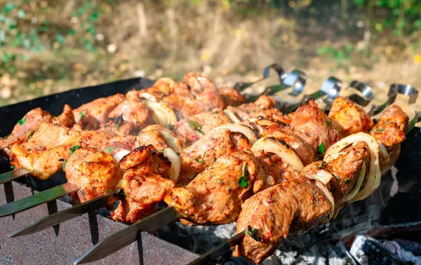 Carne Marinada Grelhada Com Cebola Espetos Cozinhar Shashlik Livre Close — Fotografia de Stock