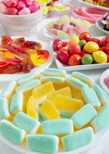 Multicolored Yummy Gummy Candies Plates Vertical View — Stock Photo, Image