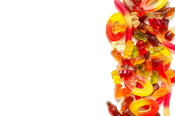 Pile Assorted Chewy Jelly Fruit Candies White Background Copy Space — Stock Photo, Image