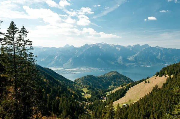 Göl, dağlar, orman mavi gökyüzü ve İsviçre Alpleri'nde arka planda beyaz bulutlar ile yaz görünümü.
