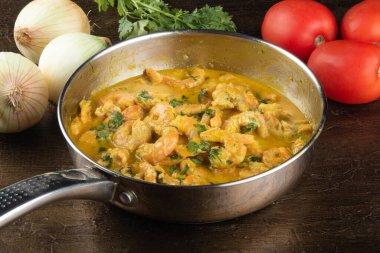 Brezilya gastronomisi. Karides muqueca. Kuzeydoğu Brezilya 'dan nefis yemekler.