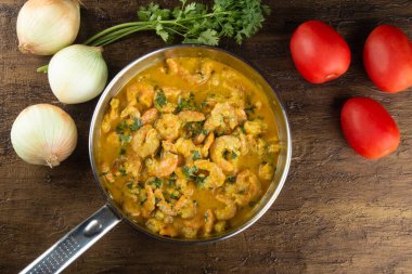 Brezilya gastronomisi. Karides muqueca. Kuzeydoğu Brezilya 'dan nefis yemekler.