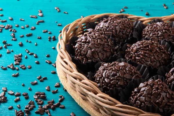 Brigadeiro Traditional Brazilian Sweet Chocolate Heart Shaped Basket — Stock Photo, Image