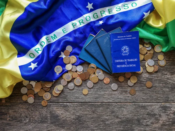 Brazilian Work Card Wooden Table Brazilian Flag Coins — Stock Photo, Image