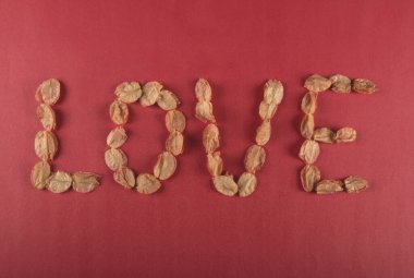 Sevgililer Günü geçmişi ve begonvil yaprakları Aşk kelimesini oluşturuyor..