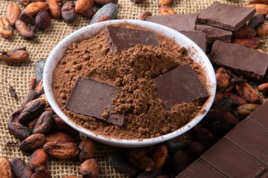 Çiğ kakao çekirdeğinin üzerinde çikolata parçalarıyla pudra kakao..