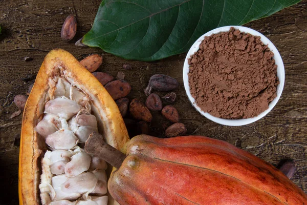 Kakaógyümölcs Kakaópor Részletei Nyers Kakaóbabból — Stock Fotó