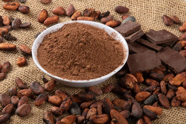 Cacao Polvo Con Trozos Chocolate Granos Cacao Crudos — Foto de Stock