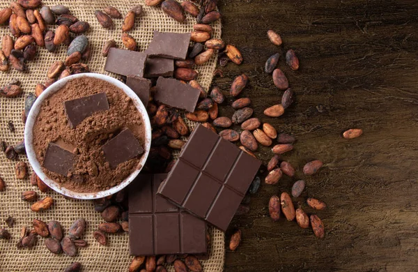 Cacao Polvo Con Trozos Chocolate Granos Cacao Crudos — Foto de Stock