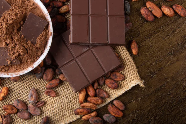 Cacao Polvo Con Trozos Chocolate Granos Cacao Crudos — Foto de Stock