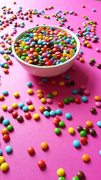 Colorful Confetti Scattered Pink Background Top View — Stock Photo, Image