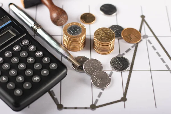 Brezilya sikkeleri, hesap makinesi ve kalemleriyle mali grafik.