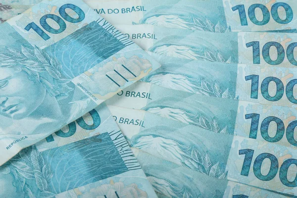 Dinheiro Brasileiro Notas 100 Reais — Fotografia de Stock