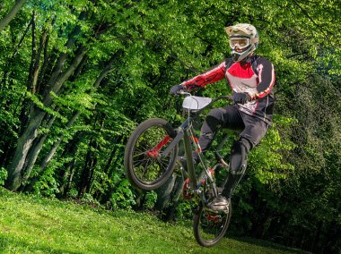 Arka plan ağaç üzerinde genç bmx Bisiklet binici