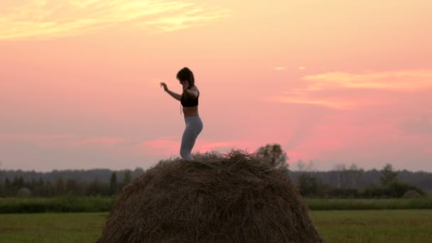 Девушка на стоге сена — стоковое видео