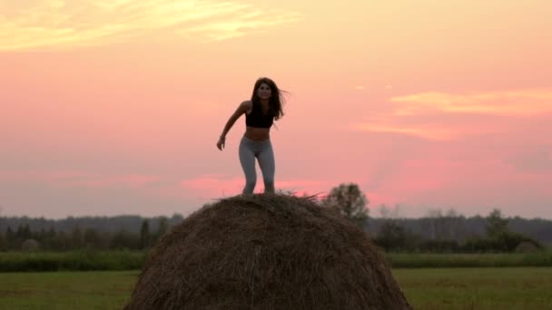 Mädchen auf einem Heuhaufen — Stockvideo