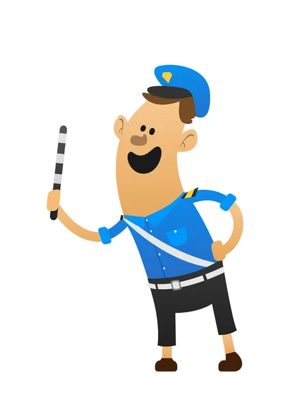 Guter, fröhlicher Polizist, der lächelt und einen Schlagstock — Stockvektor