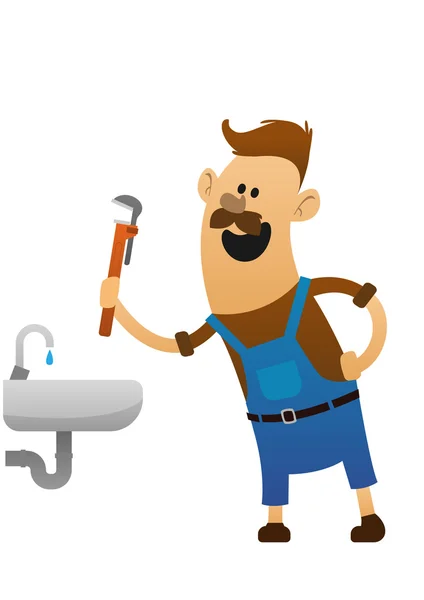 Plombier gai avec une clé et un évier — Image vectorielle