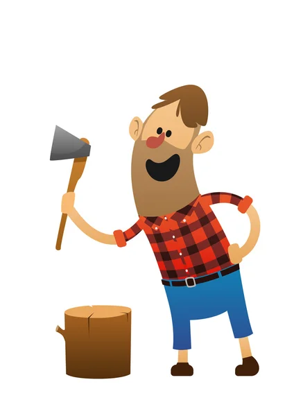 Cheerful woodsman with an ax and a log — Stock Vector