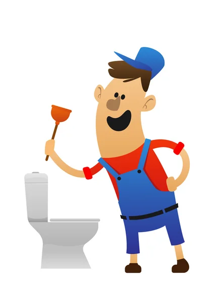 Personagem de desenho animado encanador alegre com banheiro —  Vetores de Stock