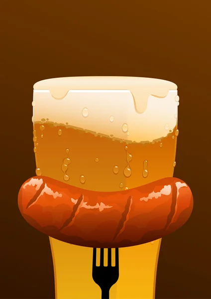Glass of cold beer and sausage on a brown background — Stock Vector