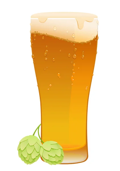 Glass of cold beer and hops on a white background — Stock Vector