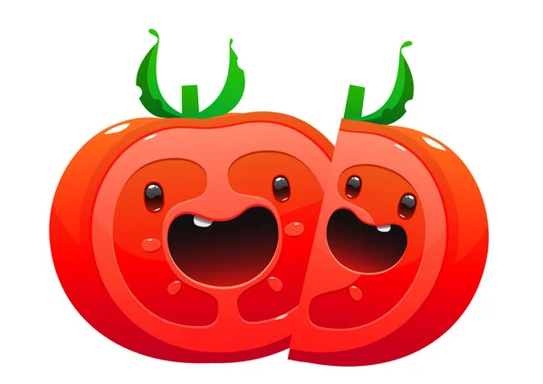 Dos tomate personaje de dibujos animados brillante jugoso sobre un fondo blanco — Vector de stock