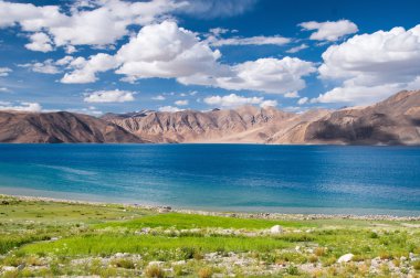 Dağlar ve Pangong (Göl). Ladakh 'ta büyük bir göl, yüksekliği 4,350 m (14,270 ft)' dir. 134 km uzunluğundadır ve Hindistan 'dan Tibet' e kadar uzanır. Leh, Ladakh, Jammu ve Kashmir, Hindistan