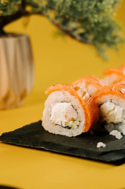 Taze suşi ruloları, renkli bir arkaplanda servis edilir.