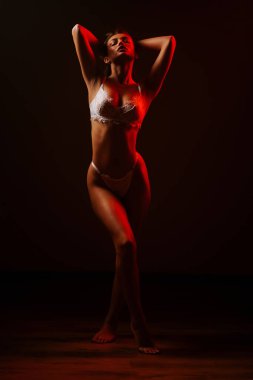 Kadın zarif bir şekilde kırmızı neon ışıkla iç çamaşırlarıyla poz vererek dramatik bir hava yaratıyor.