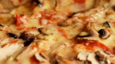 Peynirli, tavuklu ve mantarlı lezzetli pizza.