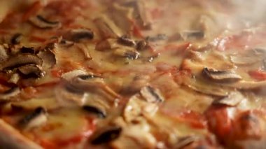 Fırından yeni çıkmış peynirli, tavuklu ve mantarlı sıcak pizza.