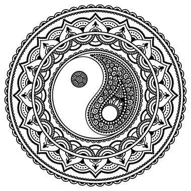 Vektör kına dövme mandala. Yin-yang dekoratif sembolü. Mehndi stili.