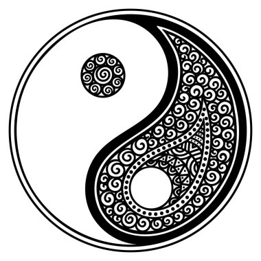 Yin-yang dekoratif sembolü. Elle çizilmiş vintage tarzı tasarım öğesi.
