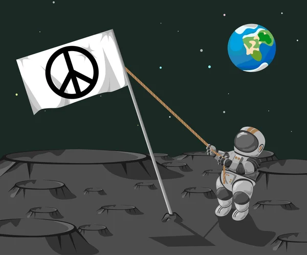 Astronaut stelt een vlag "Pacific" op de maan op een achtergrond van de planeet aarde. — Stockvector