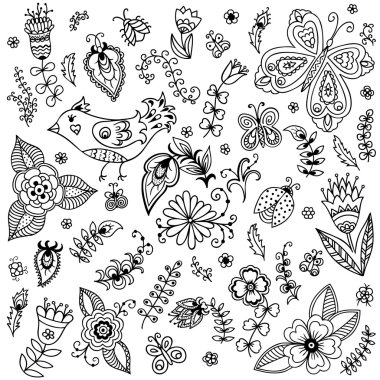 Çocukça Stil, handdrawn hayvan ve böcekler, ağaçlar ve bitkiler vektör orman öğelerinde doodle.