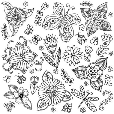 Çocukça Stil, handdrawn hayvan ve böcekler, ağaçlar ve bitkiler vektör orman öğelerinde doodle.