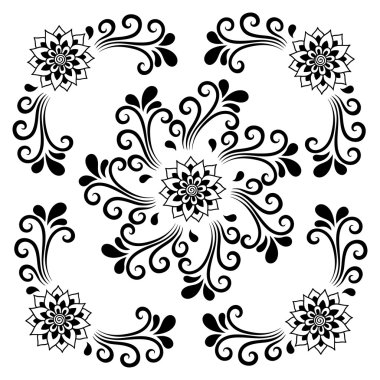 El çizim Dekoratif Karo çerçeve. Klasik çiçek süsleme. Gösterim amacıyla tasarım, tekstil, posterler, dövmeler, seramik kaplama malzemeleri.