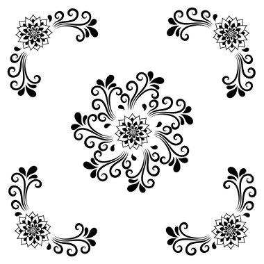 El çizim Dekoratif Karo çerçeve. Klasik çiçek süsleme. Gösterim amacıyla tasarım, tekstil, posterler, dövmeler, seramik kaplama malzemeleri.
